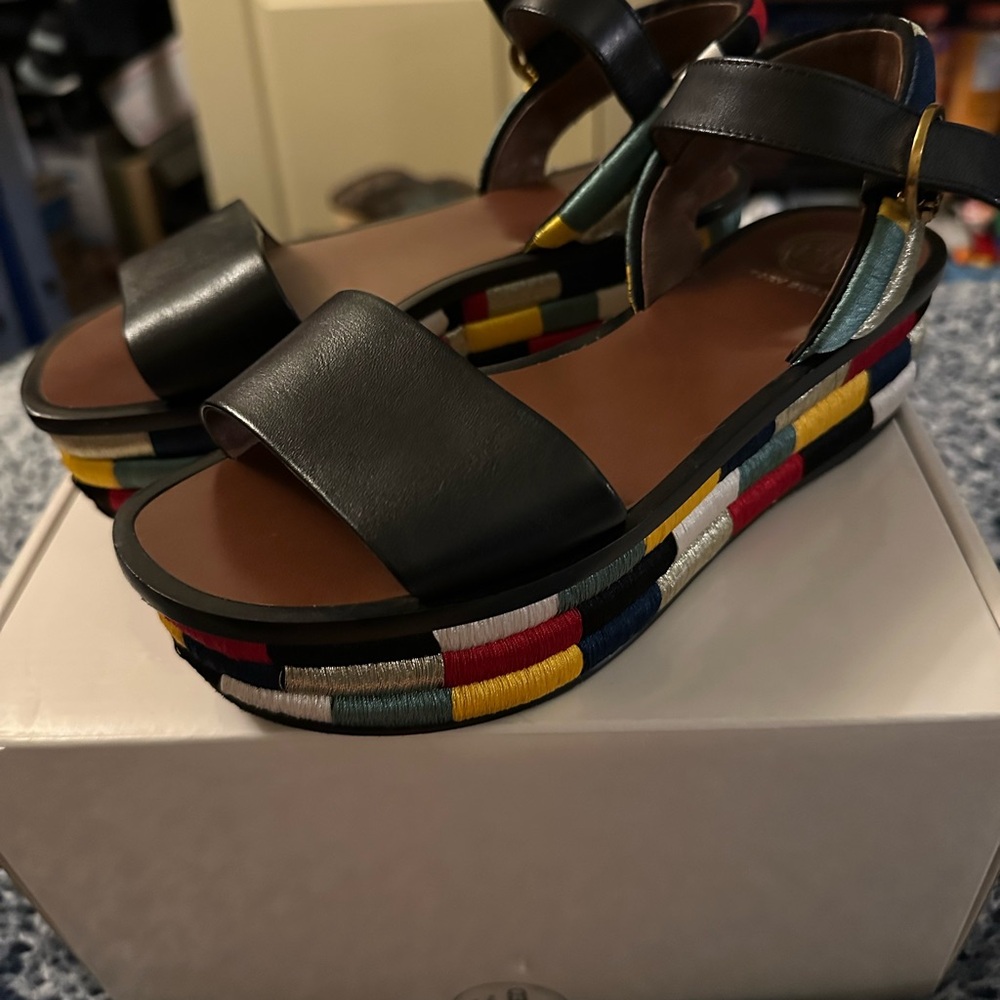 Tory Burch Black Multicolor Platform Sandals